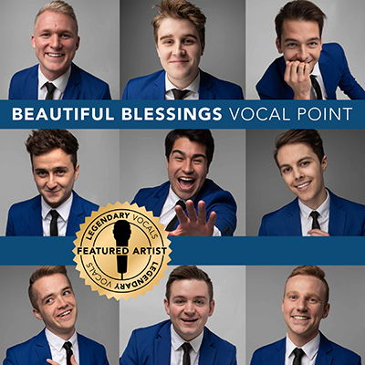 Album cover for Beautiful Blessings by BYU Vocal Point, showing nine members in blue suits.