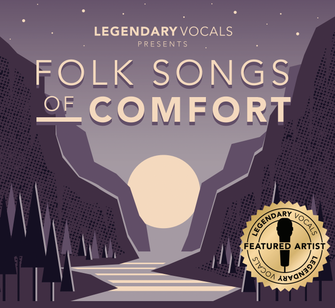 Album cover for Folk Songs of Comfort, with a purple valley and sunrise illustration.