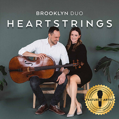 Album cover for Heartstrings by Brooklyn Duo, showing Marnie and Patrick Laird with cello and piano.